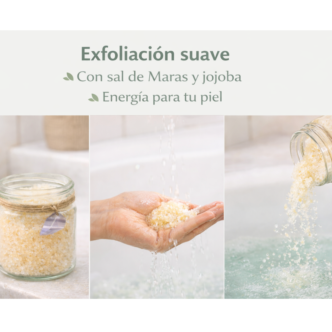 Incluye sales exfoliantes con aceites esenciales