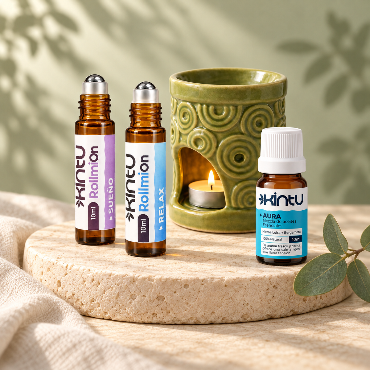 Kit Ritual Kintu con dos RollmiOn, Blend Aura y hornito de cerámica verde.